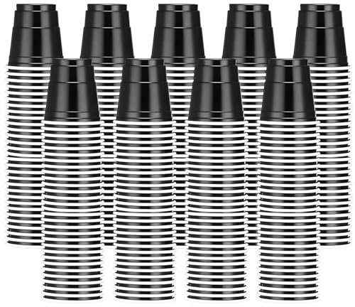 Packool 200 Pcs Plastic Cups, Disposable Black Party Cups, Reusable Cups with Rolled Rim, Comfortable Grip, Beverage Drinking Cups, Ideal for Weddings, Birthdays, Anniversaries, Family Gatherings