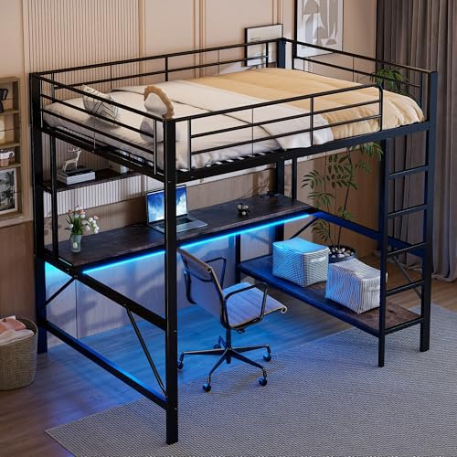 NovaFurnish Hochbett, 140x200cm, Geländer, Trittleiter, mit USB und Steckdose, Mit LED-Leuchten, Schreibtisch, mehrstöckiges Regal, ohne Matratze, Metall, Schwarz