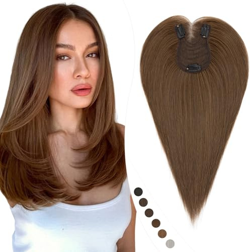 Elailite Haartopper Echthaar Clip in Haarteil Mittelbraun, 25cm Real Human Haar Topper Damen mit Vorhangpony Haarteile (Silk Lace 8x11.5cm) 27g #4