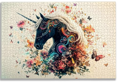 Puzzle 1000 Teile, Einhorn Puzzle 1000 Teile Erwachsene, Blume Holzpuzzle Erwachsene, EIN Herausforderndes Rätsel, Puzzlespiele für Die Ganze Familie, Holzpuzzle für Deko Wohnzimmer, Geschenke, -1928