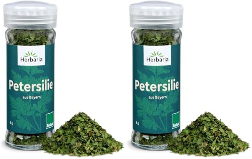 Herbaria Petersilie bio 8g Streuer – Bio Petersilie getrocknet in Bioland-Qualität – Bio-Kräuter - Bio-Gewürz – Bio-Küchenkräuter - Premium Bio-Qualität - im praktischen Glas-Gewürzstreuer