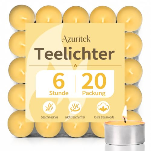 Azuritek 20 Stück 100% Rein Bienenwachs Teelichter, 6 Stunden | Natürlich Bienenwachskerzen, Paraffinfrei und Duftstoffe Bienenwachs Teelicht für Halloween, Advent, Weihnachten Kerzen