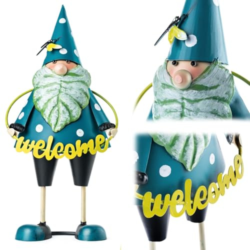 KADAX Nain de jardin de 29 cm avec plaque de bienvenue - Figurine de jardin en acier revêtu par pulvérisation - Nain de jardin en métal - Figurine décorative pour l'extérieur - Figurine de décoration
