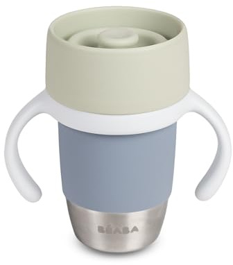 Béaba, Taza de Aprendizaje de Acero Inoxidable Click & Drink – Taza 360° Sin Válvula, Antifugas, Antiderrame, Evolutiva, Apertura con 1 Clic, Vaso para Bebé y Niño, 240 ml, Verde