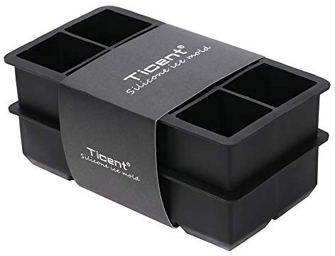 Ticent & Co Ice Cube Trays - Large 2 inch Square Silicone Ice Cube Mould for Whiskey Cocktails, Pack of 2 (Black)