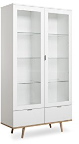 Vitrine - skandinavisches Design (B/H/T: ca.: 100 x 185 x 40 cm) Glasrahmentür, Massivholzfüße, verchromte Metallgriffe - made in Germany