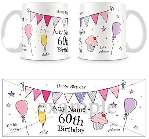 60th Birthday Present for Women - Personalised Mug/Cup - Add Name - Party Design - Pink