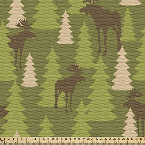 ABAKUHAUS Hirsch Gewebe als Meterware, Forrest Creatures Elch, Schön Gewebten Stoff für Polster und Wohnaccessoires, 1M (148x100cm), Braun Grün Tan