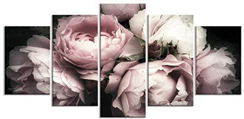decomonkey - Impression sur Toile Intissé Fleurs 200x100 5 Pièces - Tableau Décoration Appartement Cadre en Bois Photo Déco Salon Peinture sur Toile Maison Fleurs nature plantes roses