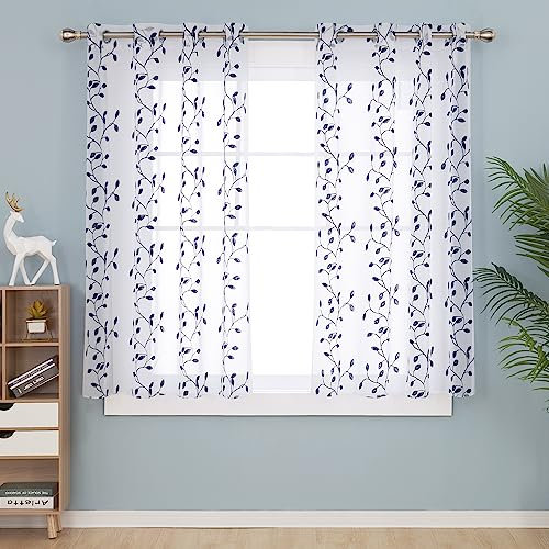 Deconovo 2 Vorhänge, Stickerei, Leinenoptik, Motiv Vorhänge, Schlafzimmer, Jungen, Marineblau, 140 x 138 cm (B x H)