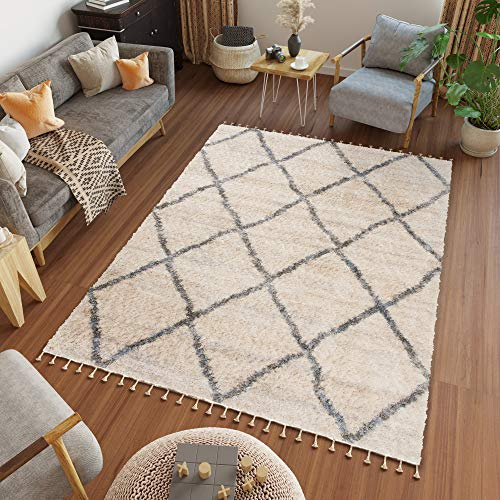 TAPISO Versay Teppich Shaggy Creme Grau Fransen Modern Design Geometrisch Rautenmuster Hochflor Langflor Wohnzimmer Schlafzimmer ÖKOTEX 140 x 200 cm