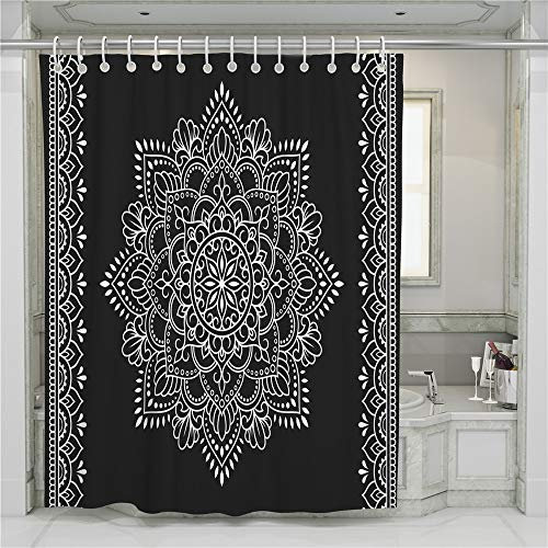 Sticker superb Mandala Böhmen Indisch Blumen Duschvorhang Mehltau Beständig Badezimmer Vorhänge, Garten Blume Schwarz Duschvorhang mit Plastik Haken (Schwarz, 180x200cm)