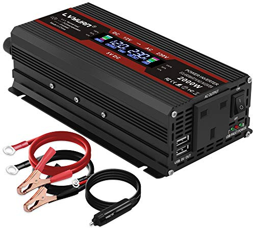 Cantonape Power Inverter 2000w DC 12V to 230V 240V AC Car Converter, 12V Inverter with Cigarette Lighter, 2 USB and UK Sockets Car Adapter With LCD Display