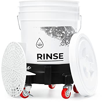 CLEANTECH CO Set - Wascheimer 20L weiß mit Schmutzsieb, Deckel und Eimerwagen - für professionelle Auto Handwäsche