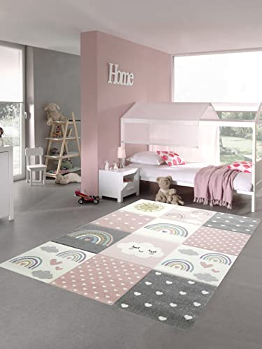 Teppich-Traum großer Kinderzimmer Teppich Spielteppich Regenbogen Herzchen Wolken rosa Creme grau Größe 200 x 290 cm
