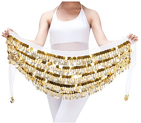 Bauchtanz Tribal Hüfttuch Chiffon Bauchtanz Kostüm Wickelgürtel mit Goldmünzen Röcke (Weiß)