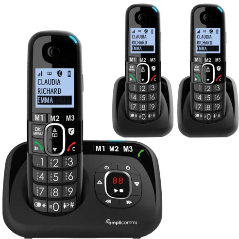 Amplicomms BigTel 1583 Cordless Big Button Phone for Elderly with Answer Machine Plus 2 Additional Handset - Loud Phones for Hard of Hearing - Hearing Aid Compatible Phones - Phones for Seniors