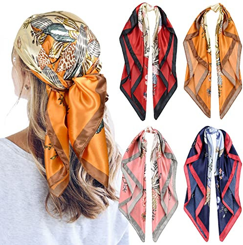 QBSM 4 Pcs 35'' Satin Seidentuch – Großes Quadratisches Kopftuch für Frauen, Seidenschal für Haar, Schlaf & Hals (90x90cm)
