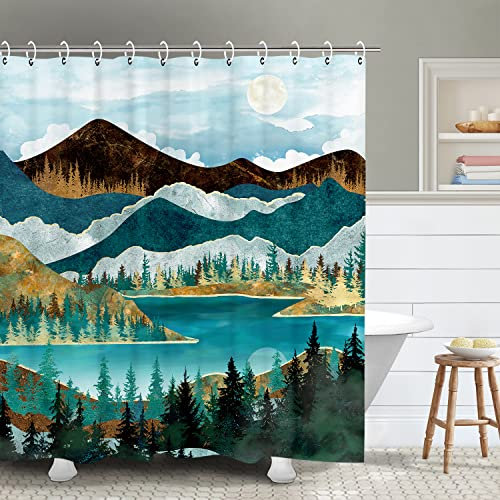 RosieLily Rideau de douche motif montagne brumeuse – Rideau de douche nature – Rideau de douche motif lac, arbres verts, paysage, soleil, coucher de soleil – Rideau de douche imperméable pour salle de