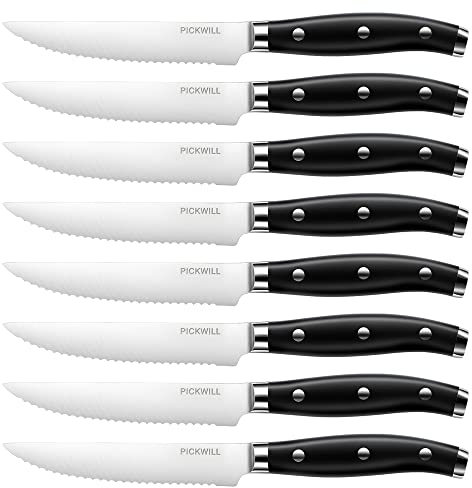 PICKWILL Steakmesser 4,5 Zoll, 8-teiliges Steakmesser-Set mit Wellenschliff, Steakmesser aus rostfreiem Stahl mit Full Tang Griff, klassische Tafelmesser mit Geschenkbox, schwarz
