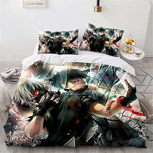 Tokyo Ghoul Kaneki Ken Anime Bettwäsche-Sets Cartoon 3D-gedrucktes Polyestergewebe 1 Bettbezug + 2 Kissenbezüge (keine Bettdecke)