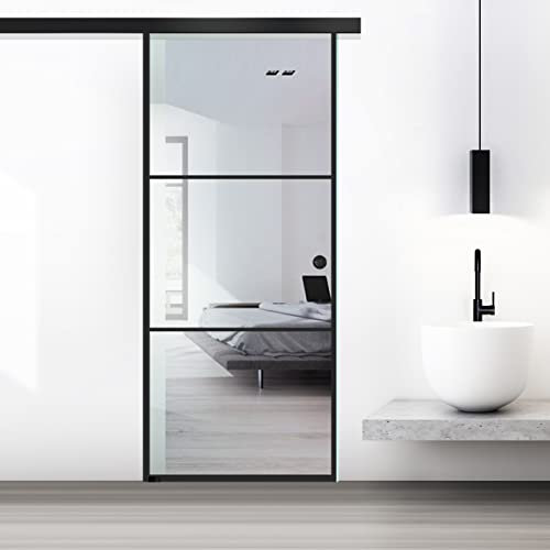 BOSS Black Sliding Glass Door for Interior Model Vintage 85x215 cm (Available 60/85/95 cm) 8 mm, Clear Safety Glass, Black Nano Coated, Complete Hardware kit, Hanging Rail Track (85x215 cm, Left)