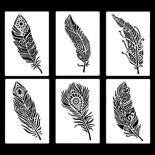 Rolin Roly 6PCS Schablonen Feder Wiederverwendbar Federkunst Schablonen Feather Painting Stencils für Holz Boden Möbel Deko DIY Scrapbooking Handwerk