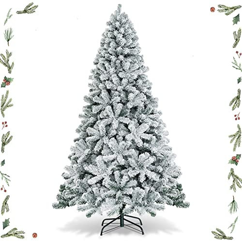 GYMAX Albero di Natale Innevato 230 cm, Albero Natalizio Artificiale con 1010 Rami in PVC, Divisibile per Trasporto e Montaggio, Supporto in Ferro, Folto e Unico per Interno ed Esterno, Bianco