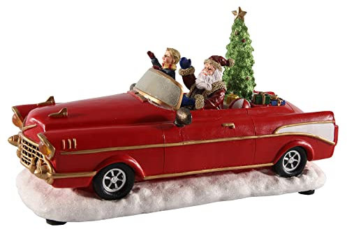 Spetebo LED Weihnachts Szene Weihnachtsmann im Oldtimer rot - 25 cm/Batterie - Tisch Deko mit Sound Bewegung und Beleuchtung - Advent Winter Dorf Fenster Dekoration