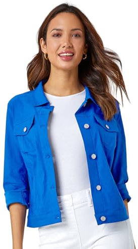 Roman Originals Stretch Jacket for Women UK - Ladies Denim Jean Summer Coat Bengaline Casual Smart Utility Trucker Biker Fitted Classic Work Spring Soft Vintage - Royal Blue - Size 12