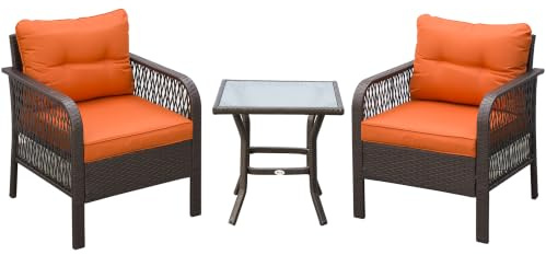 Outsunny 3 Pieces Rattan Bistro Set Glass Top Coffee Table Orange | Wicker Garden Furniture Set, Chairs, Thickened Cushions, for Outdoor, Patio, Balcony