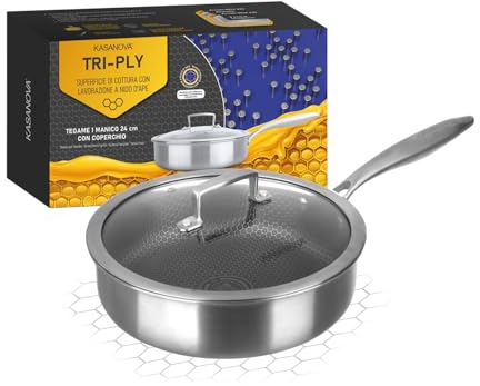 KASANOVA Tegame antiaderente con rivestimento nido d'ape Tri-ply, con coperchio in (Tegame 24 cm)