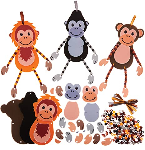 Baker Ross FX559 Schimpanse, Gorilla und Orang-Utan - 6er-Packung, Bastelpackung für Kinder mit Perlen zur Dekoration von Armen und Beinen, Mittel