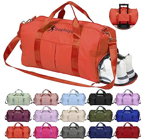 Personalisierte Schwimmtasche, OXYEFEI 45 Embroidery Muster Optional Sporttasche Mädchen Kinder Name Trainingstasche mit Groß Schuhfach Nassfach Faltbare für Ballett Gymnastik Gym(Orange)