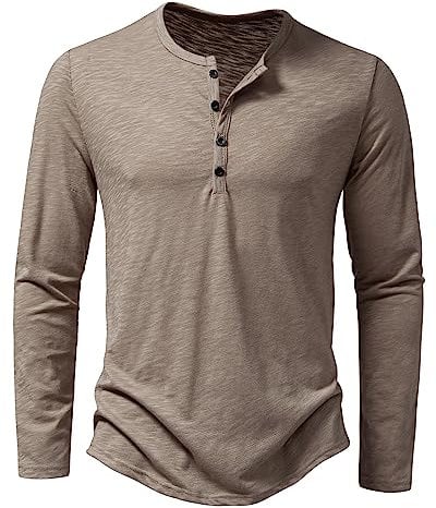 Men's Casual Grandad Collar Henley T Shirt Muscle Fit Summer Smart Long Sleeve 4 Buttons Tee Slim Fitted Collarless Polo T-Shirts Tops-Z-Khaki-L