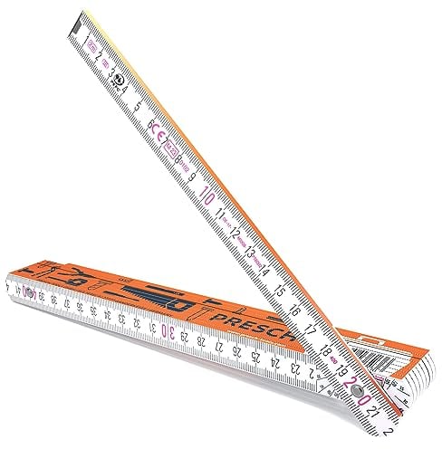Presch Zollstock 2 Meter mit Winkelfunktion | Holz | Orange | Große & sehr gut lesbare Zahlen | Exaktes Einrasten | Gliedermaßstab 2m, Meterstab, Messstab, Metermaß mit Werkzeugmuster