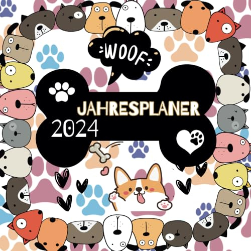 2024 Jahresplaner: Zum Ausmalen | Mit schönen Hunde Mustern für Kinder und Erwachsene