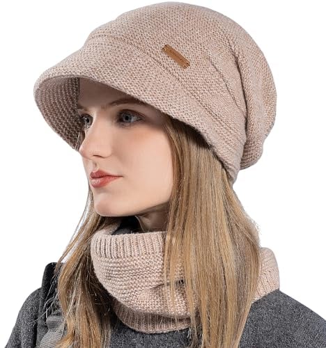 WANYIG Damen Wintermütze Strickmütze mit Schal mit Schal Herbst Damenmützen Winter Schal und Mütze Set mit Visier/Weichem Innenfutter Gefütterte (Beige)