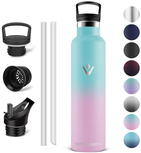 Vikaster Bouteille acier inoxydable - Thermos 1l, Gourde Avec Paille, Gourdes Sans BPA, Gourde Enfant & Adulte pour Sport, école, Bureau, Gym, Voyage, Vert - Rose