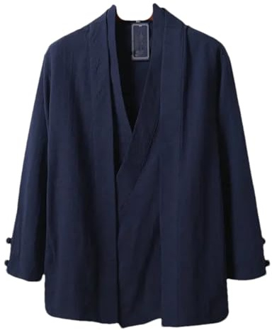 Chinese Style Men Linen Hanfu Cardigan Tops Tea Kung Fu Shirts Japanese Kimono Jackets Coats Robe Oriental Clothing Navy Blue XXL