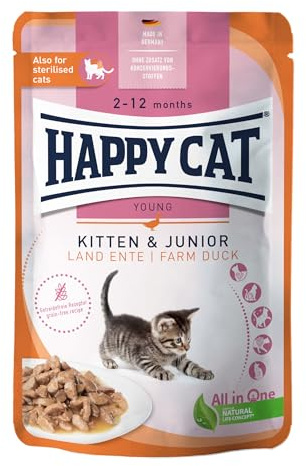 Happy Cat Young Meat in Sauce Ente Nassfutter Pouch, 85 g | Getreidefreies Nassfutter mit Ente in Sauce, für Kitten & Jungkatzen vom 2. bis 12. Monat, Pouch 85 g