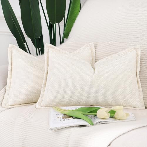 Madizz 2er Set Chenille Samt mit Rand Kissenbezüge Weiche Dekorativ Zierkissenbezüge Modern Kissenhülle für Sofa Wohnzimmer Schlafzimmer Crème 30x50 cm
