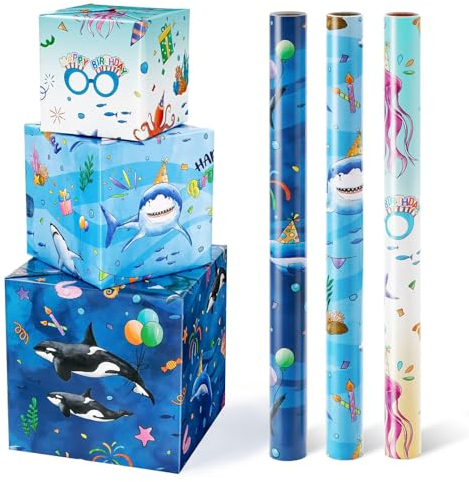 WERNNSAI Rouleaux de Papier Cadeau Océan - 3 Rouleaux Papier Cadeau pour Anniversaires D'enfants Papier Cadeau Bleu Requin D'été Papier Cadeau Monde Sous-marin avec Lignes de Découpe 43cm X 3m