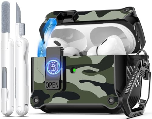 R-fun kompatibel mit AirPods Pro 2 Hülle (Auto Pop-Up-Deckel) mit Reinigungsset, kompatibel mit Airpods Pro 2./1. Gen(2023/2022/2019), für Airpods Pro Hülle (USB-C/Lightning-Kabel),Grüne Tarnung
