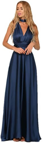Jamron Donna Elegante Scollo a V Profondo Vestito Raso da Sera Multi Way Abito a Portafoglio Maxi Vestito da Ballo Blu Marino SN0703227 M