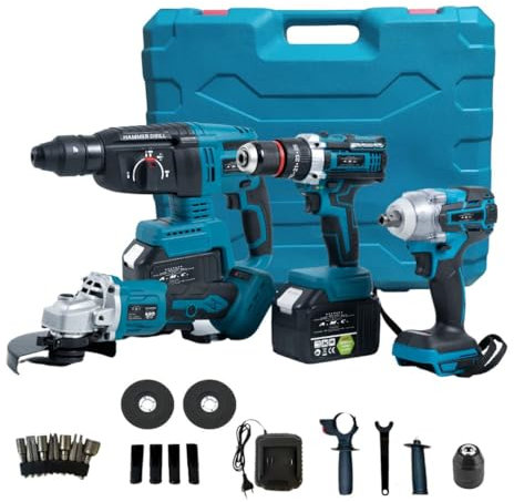 A.M.C. Kit Professionale Fai da Te 4 in 1 con Trapano Avvitatore a Batteria, Trapano a Percussione a Batteria Smerigliatrice Angolare a Batteria, Trapano a Martello e ad Impulsi Svita Bulloni, 88v
