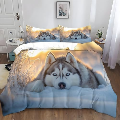 Generisch Bettbezug-Set 135x200cm Tier Husky Bettwäsche 3 Teilig Set mit Reißverschluss, Weich Microfaser Baumwolle Bettbezug mit 2 Kissenbezug, für Ganzjahres