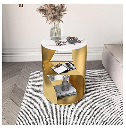 Couchtisch Beistelltisch aus Metall mit Tischplatte aus gesintertem Stein, runder moderner Beistelltisch mit Ablageflächen, Akzenttisch, Trommel-Beistelltisch mit 3 Ebenen, Couchtisch for Wohnzimmer u