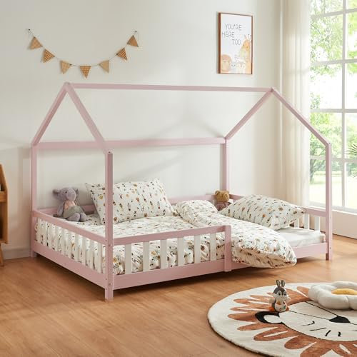 [en.casa] Kinderbett Hesel Hausbett Rosa 120 x 200 cm mit Rausfallschutz und Lattenrost Montessori Bodenbett Jugendbett Holzbett