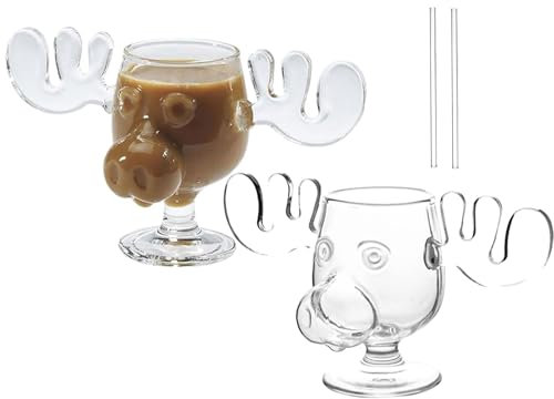 Weihnachtliche Eierlikör-Elch-Tassen, 240 ml, klare Glas-Kaffeetassen mit Strohhalm, kreative Dekoration, Urlaubsgeschenke für Kaffee, Tee, Getränke